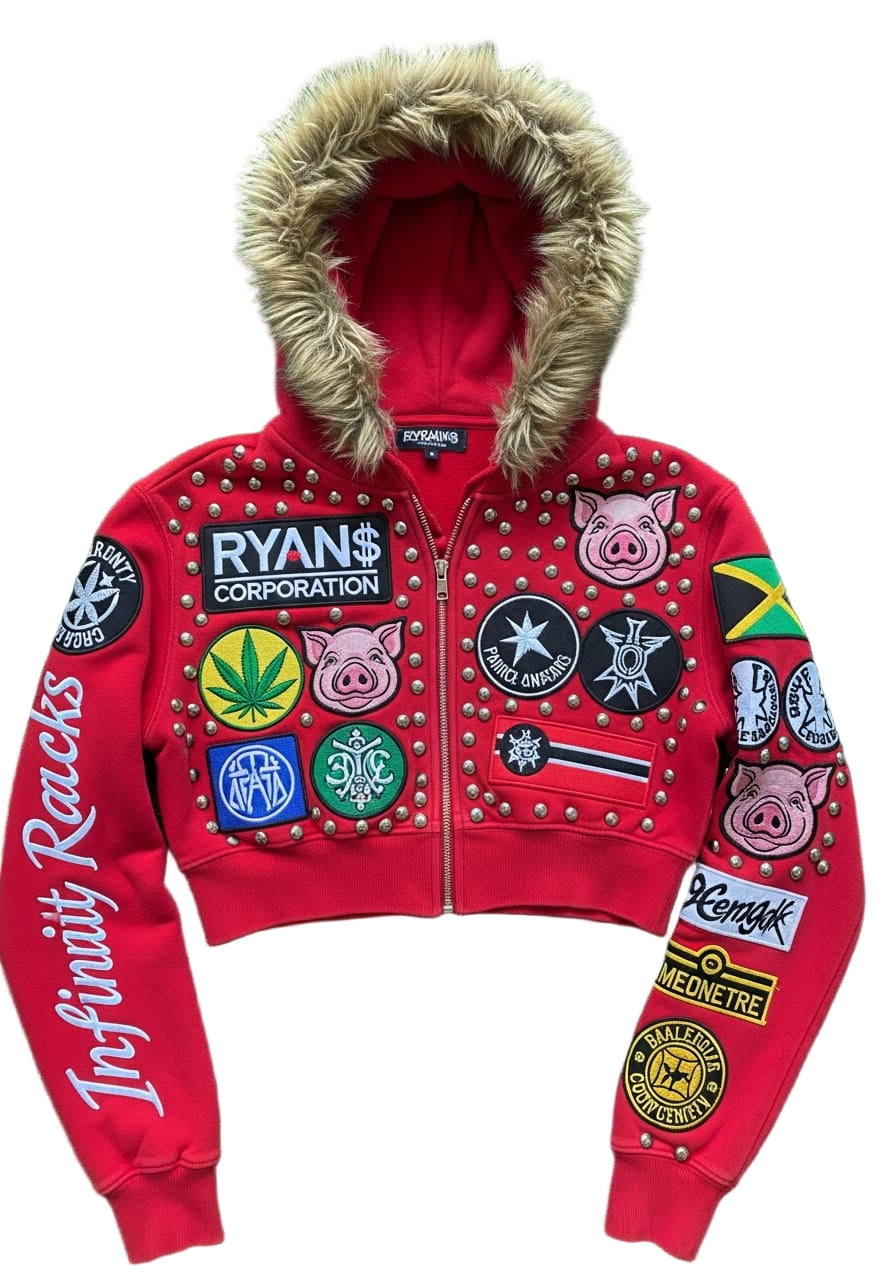 Red Cropped Hoodie with Patches