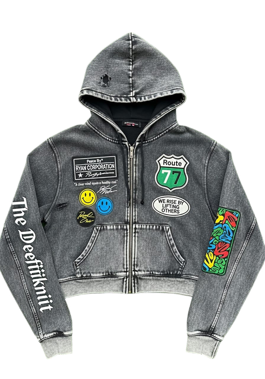Black Zip-Up Hoodie with Patches