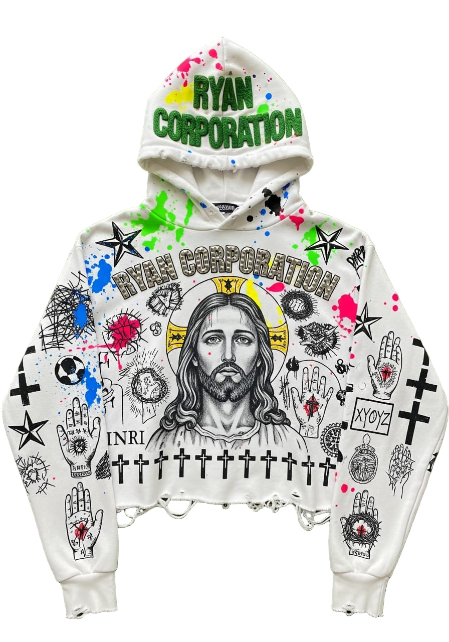 White Distressed Graphic Hoodie
