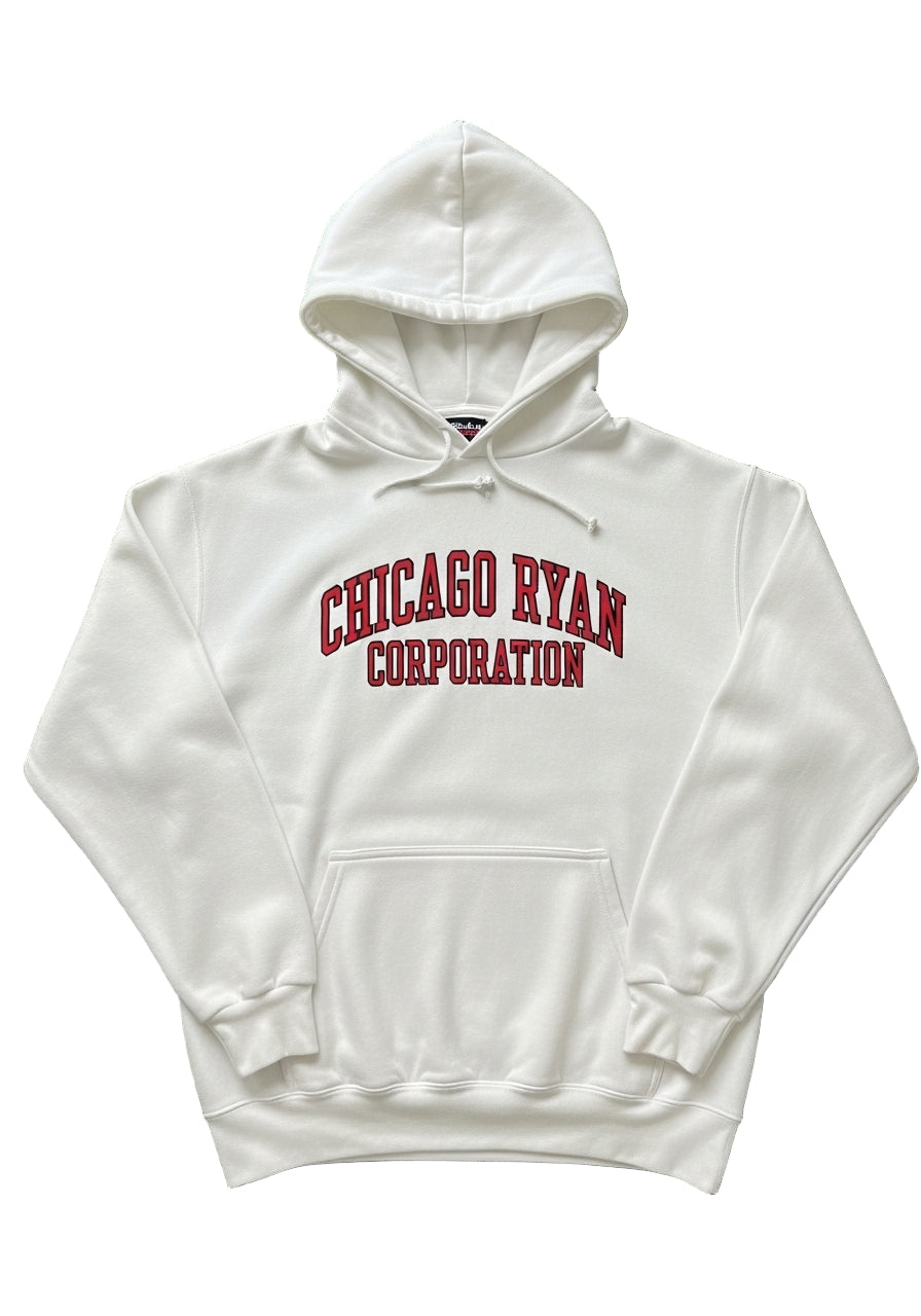 White Hoodie with Red "CHICAGO RYAN CORPORATION" Chest Print