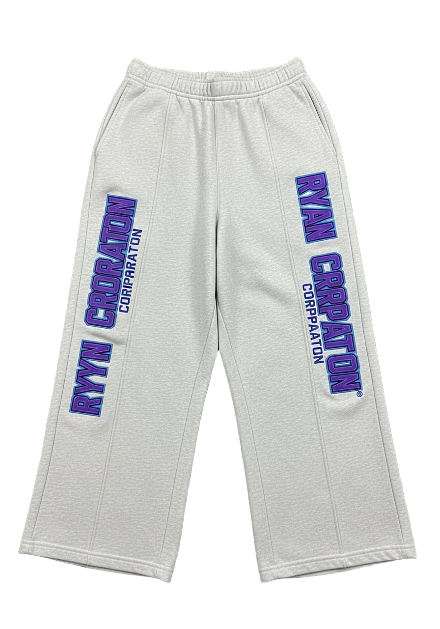 Grey Wide-Leg Sweatpants with Violet Vertical Branding – Ryan Corporation