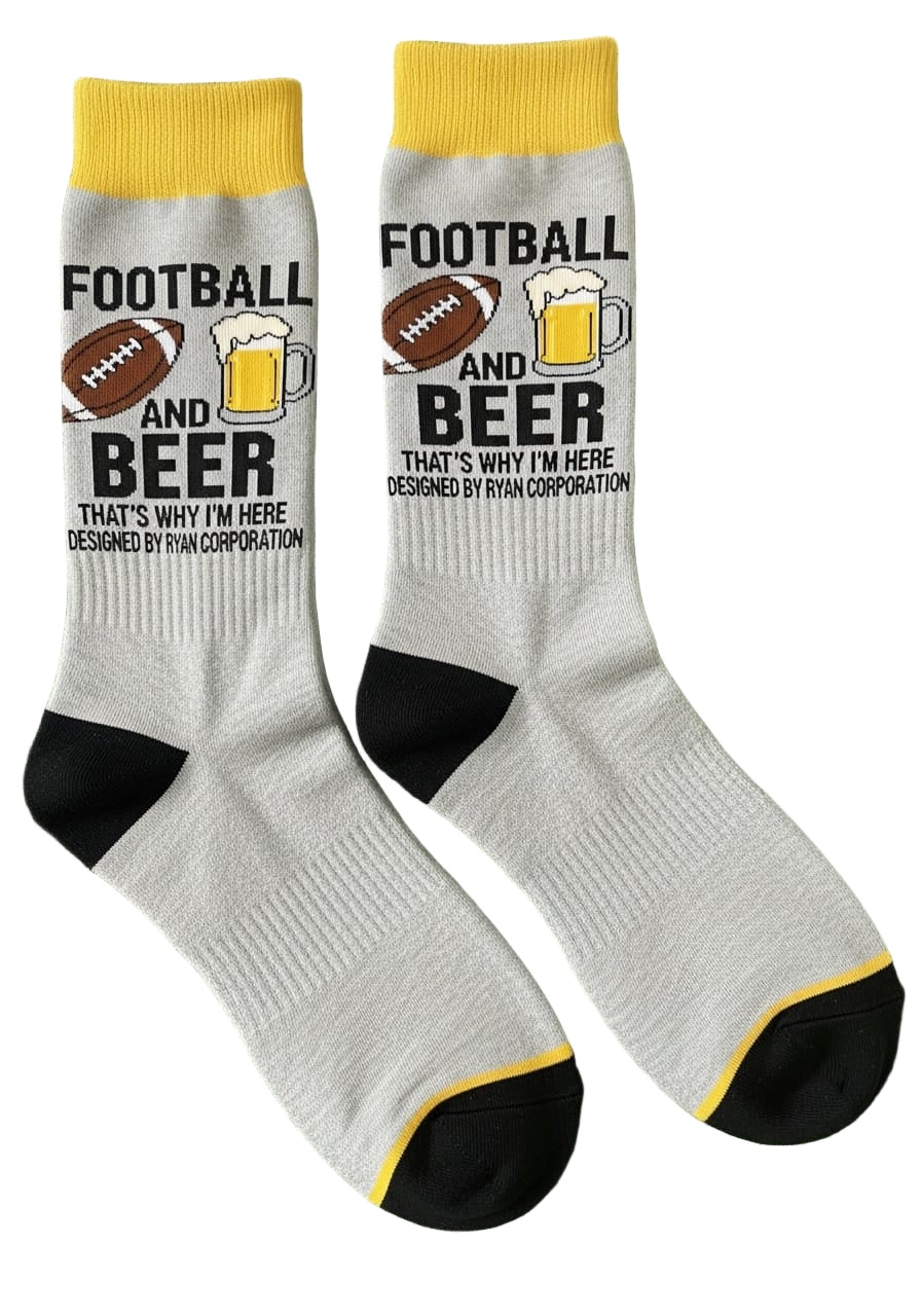 Gray & Yellow Football and Beer Crew Socks