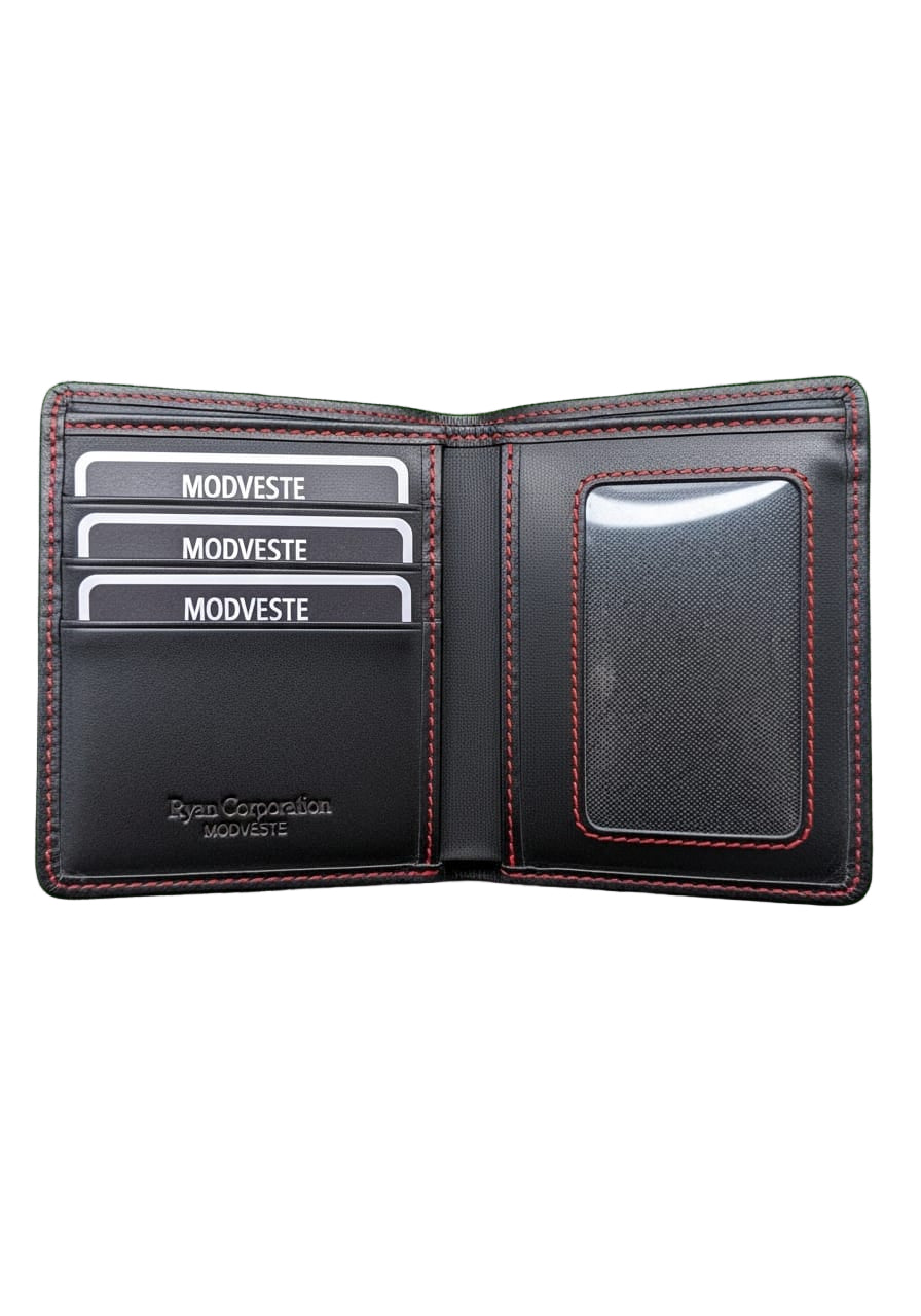Black Leather Bifold Wallet Red Stitching