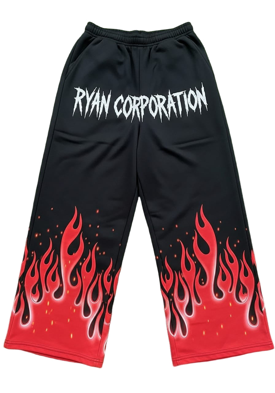 Black Wide-Leg Sweatpants with Flame Graphics and Gothic Text – Ryan Corporation
