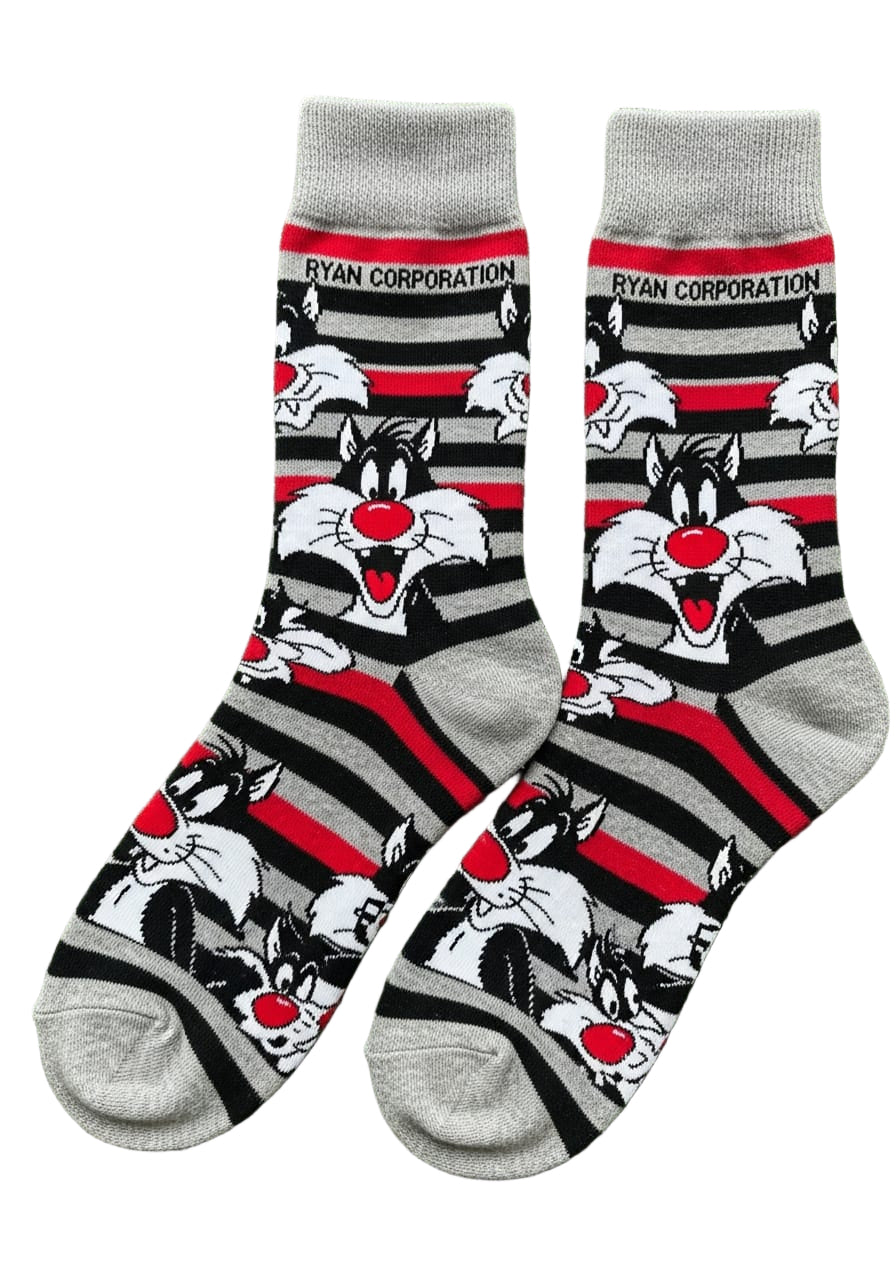 Sylvester the Cat Striped Crew Socks – Gray, Black & Red