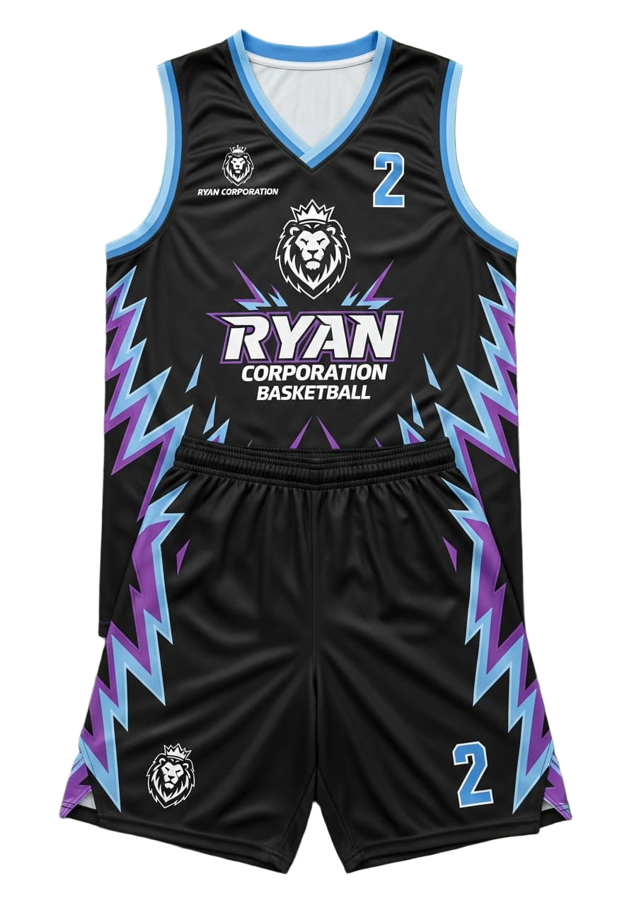 Ryan Corporation Kings Basketball Uniform Black with Purple & Light Blue Accents