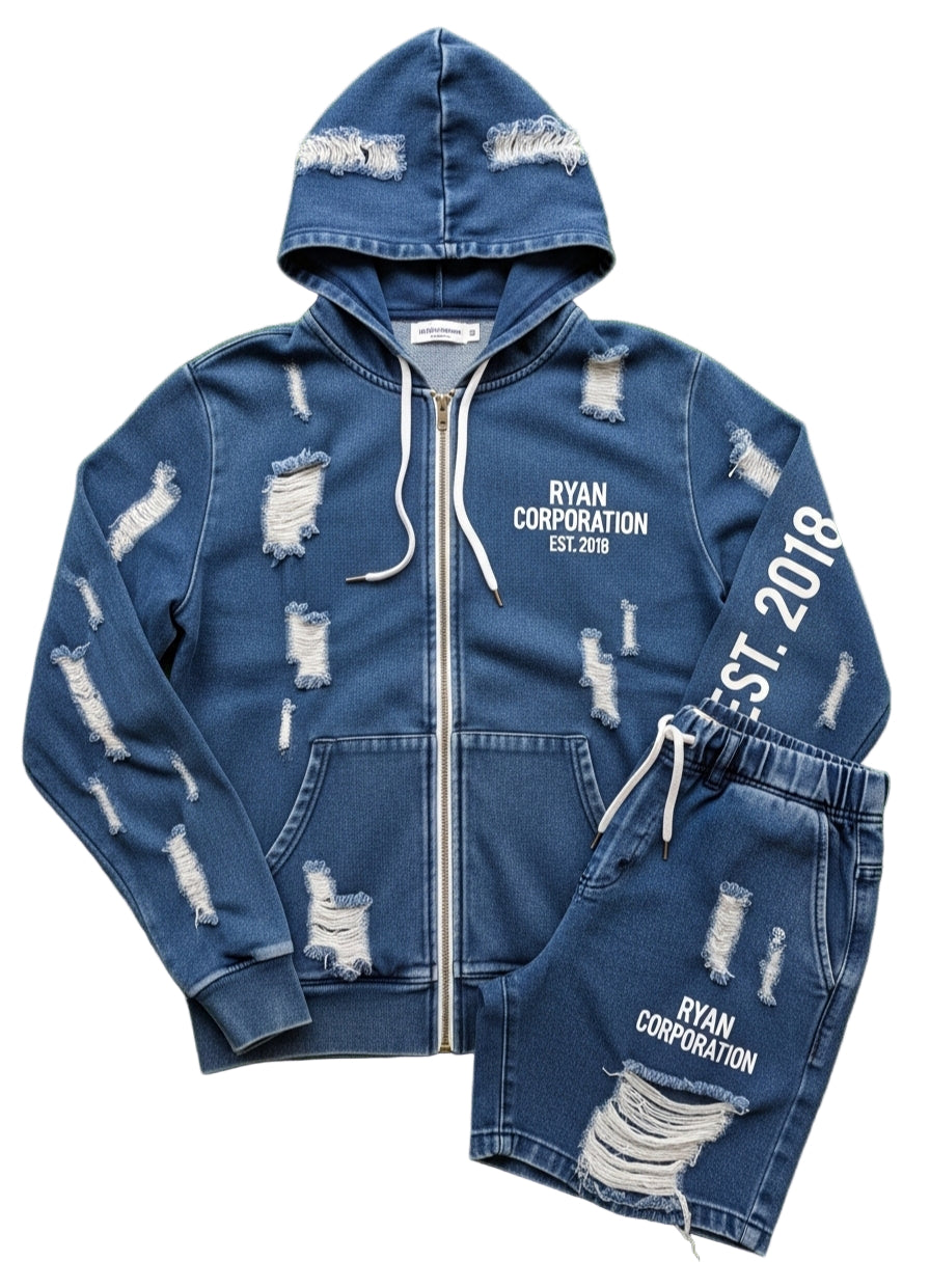 Distressed Denim-Look Hoodie & Shorts Set EST. 2018