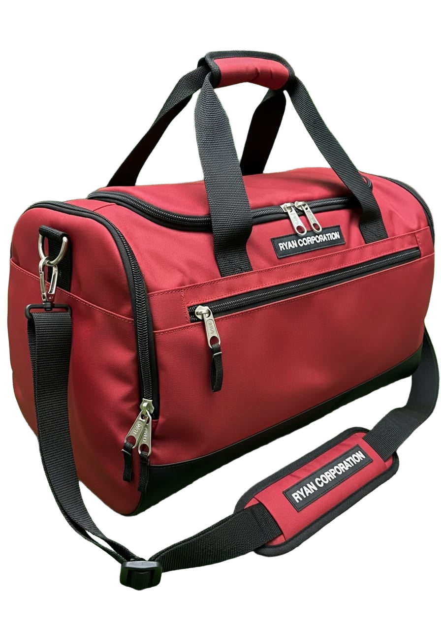 Red Duffel Bag with Black Straps & Ryan Corporation Logo
