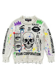 Distressed Graphic Crewneck Sweater Cream