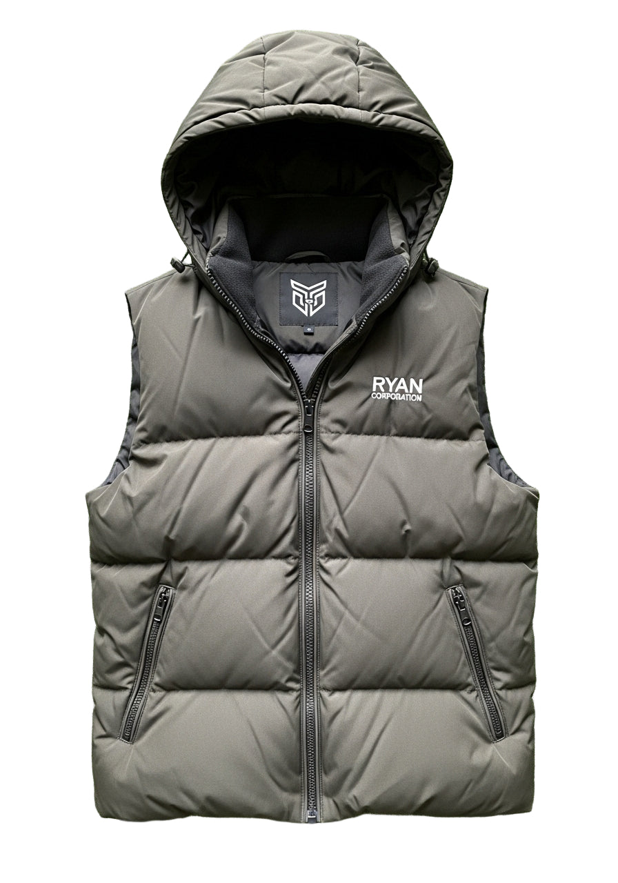 Dark Olive Puffer Vest with Black Hood