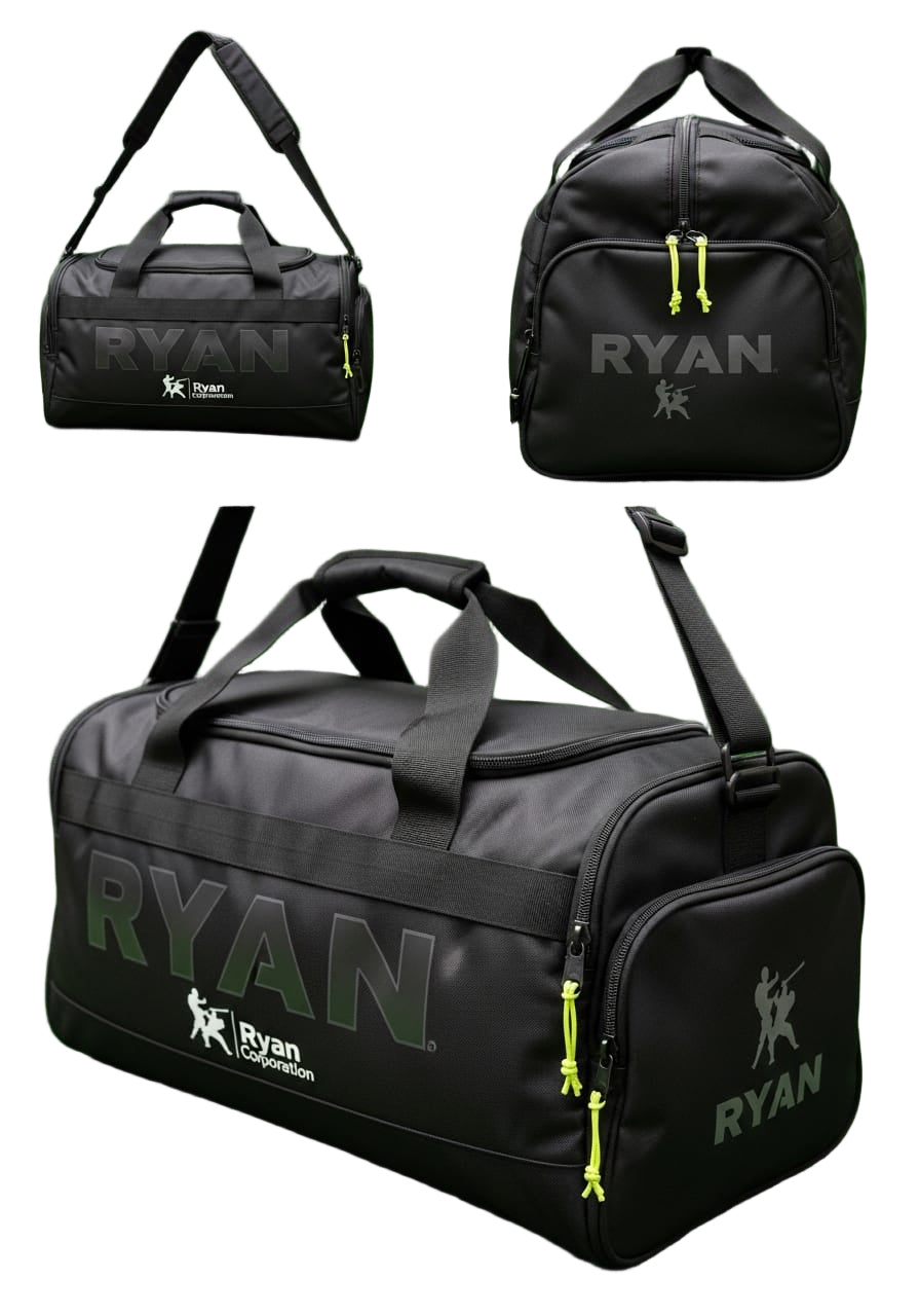 Black Duffel Bag with Glossy Ryan Logo & Martial Arts Emblem