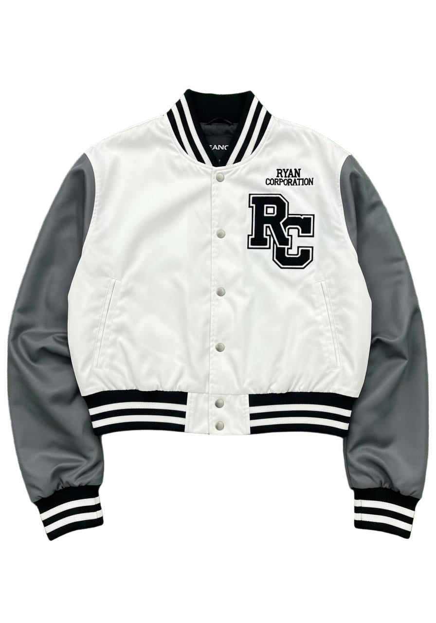 White & Charcoal Varsity Cropped Jacket Ryan Corporation