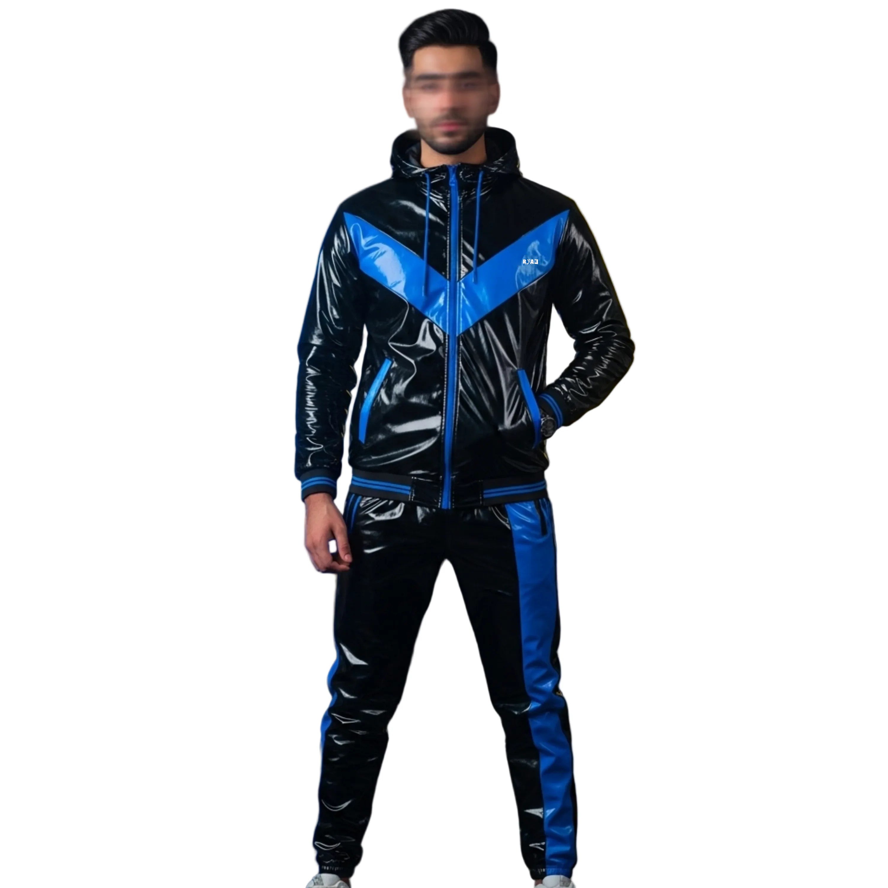 Men's Glossy Black & Electric Blue Chevron Tracksuit  High Fashion Streetwear Set