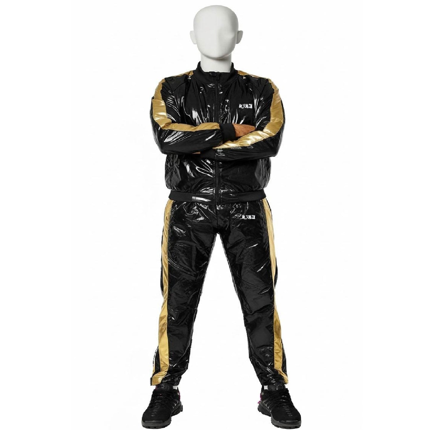 Black & Gold PU Nylon Jogging Suit  Sporty Elegance for Active Lifestyles