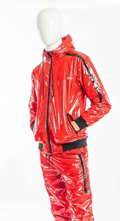 Glossy Red PVC Tracksuit  Black Stripe