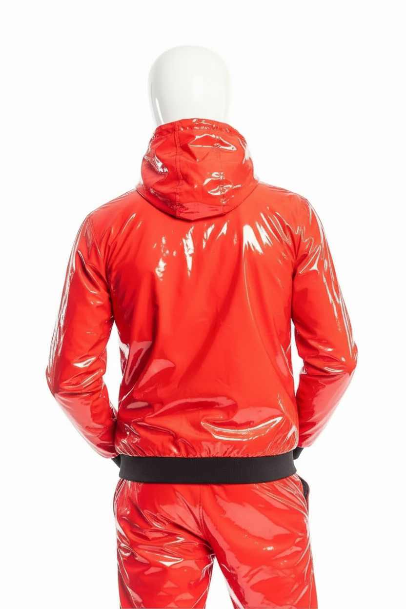 Glossy Red PVC Tracksuit  Black Stripe