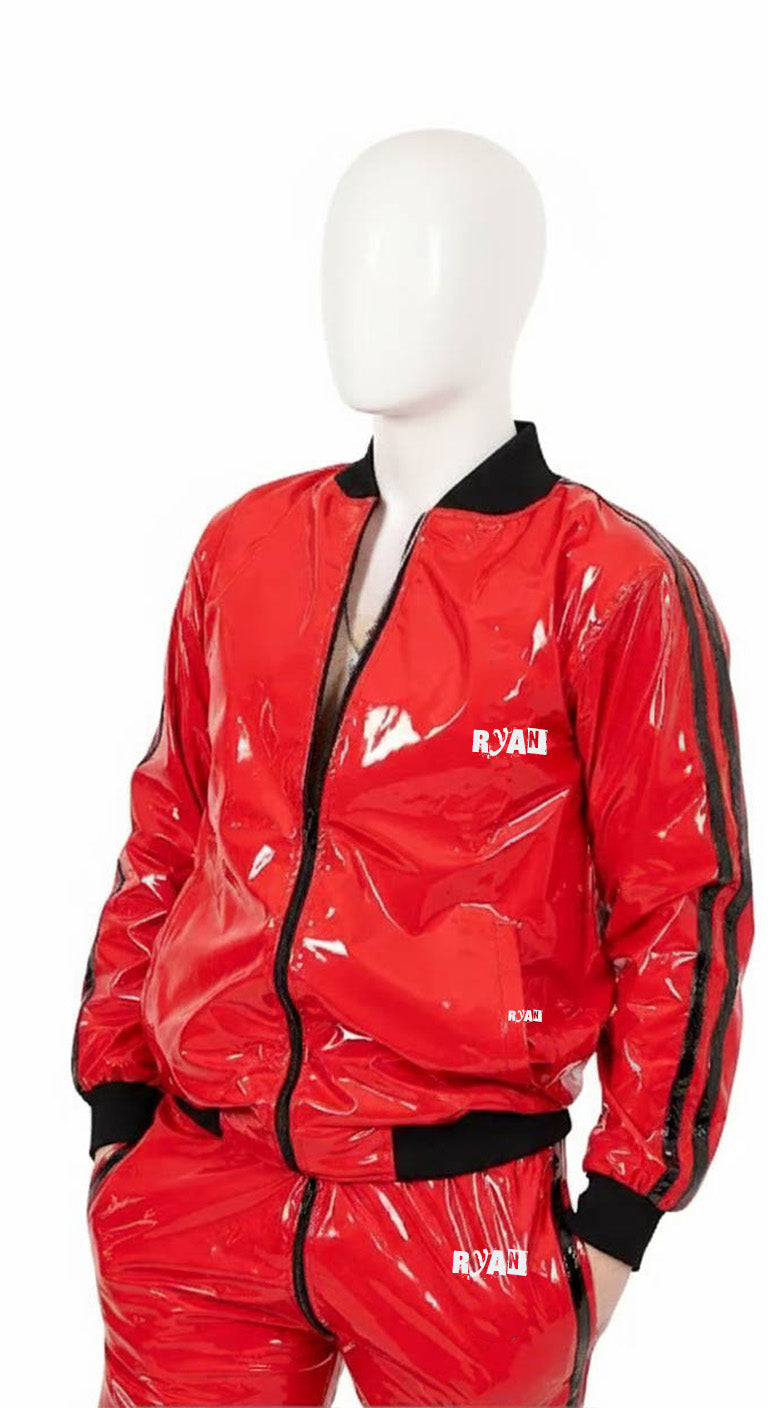 PLAY UP Glossy Red PVC Tracksuit Black Stripe & Logo