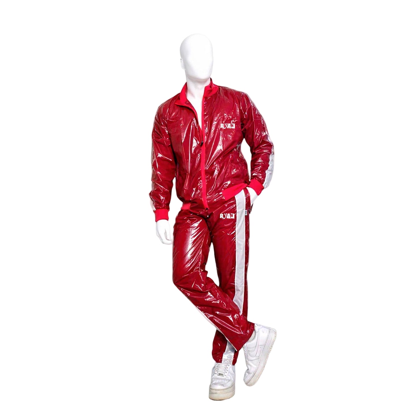 Red PU Nylon Jogging Suit with White Stripes Unisex Street & Sport Style