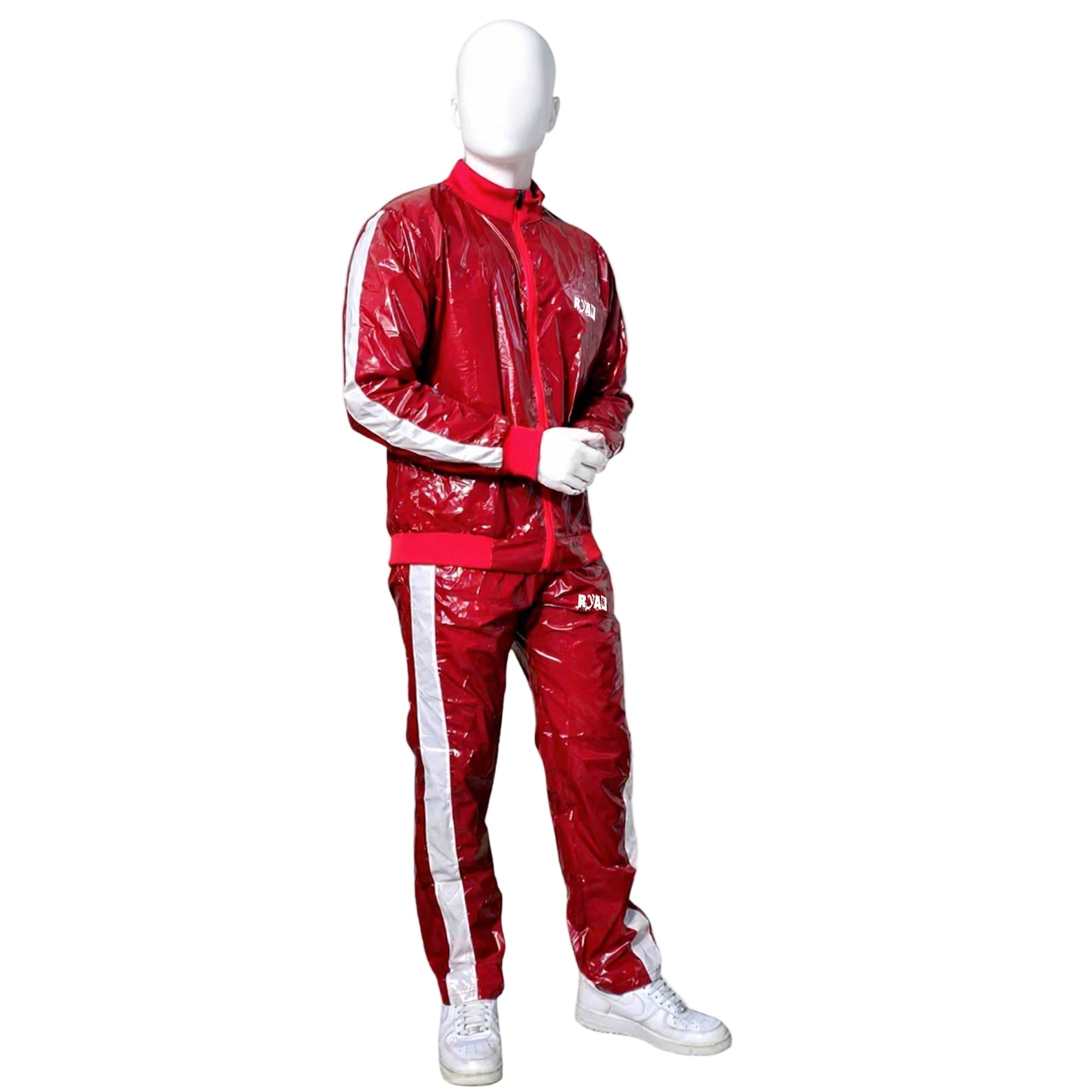 Red PU Nylon Jogging Suit with White Stripes Unisex Street & Sport Style