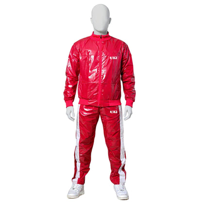 Red PU Nylon Jogging Suit with White Stripes Unisex Street & Sport Style