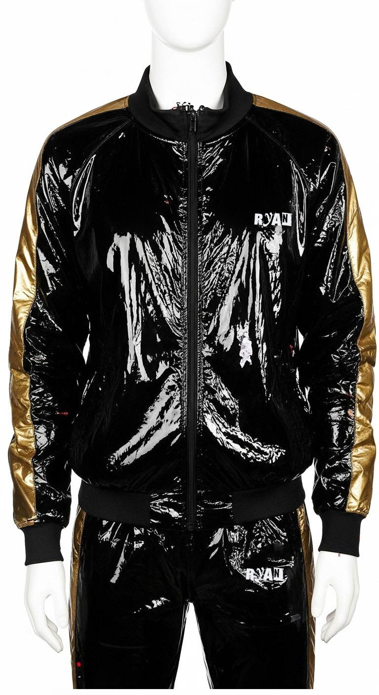 Black & Gold PU Nylon Jogging Suit  Sporty Elegance for Active Lifestyles