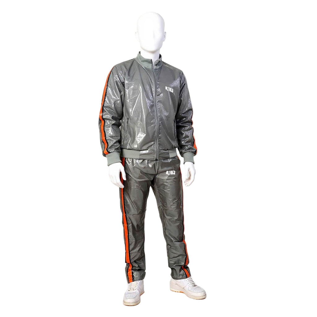 Gray PU Nylon Jogging Suit with Orange Stripes  Unisex Street & Sport Style