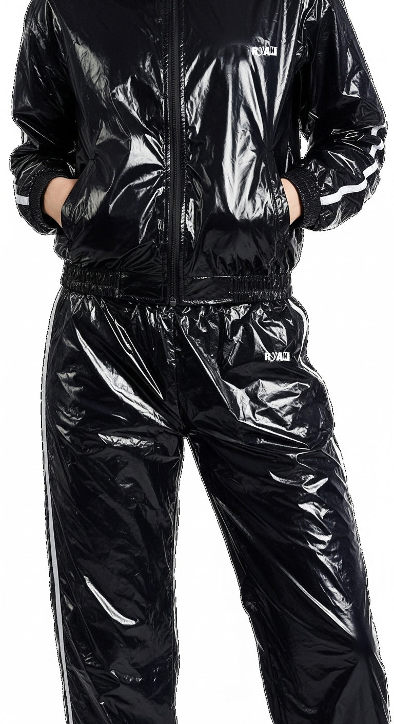 Glossy Black Nylon tracksuit White Stripe Edge