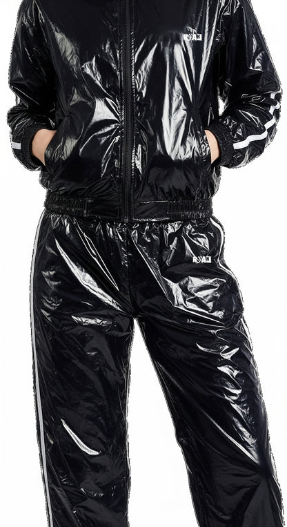 Glossy Black Nylon tracksuit White Stripe Edge