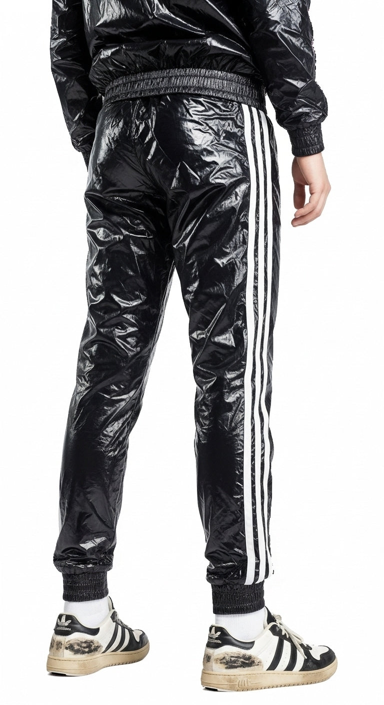 Glossy Black Nylon tracksuit White Stripe Edge