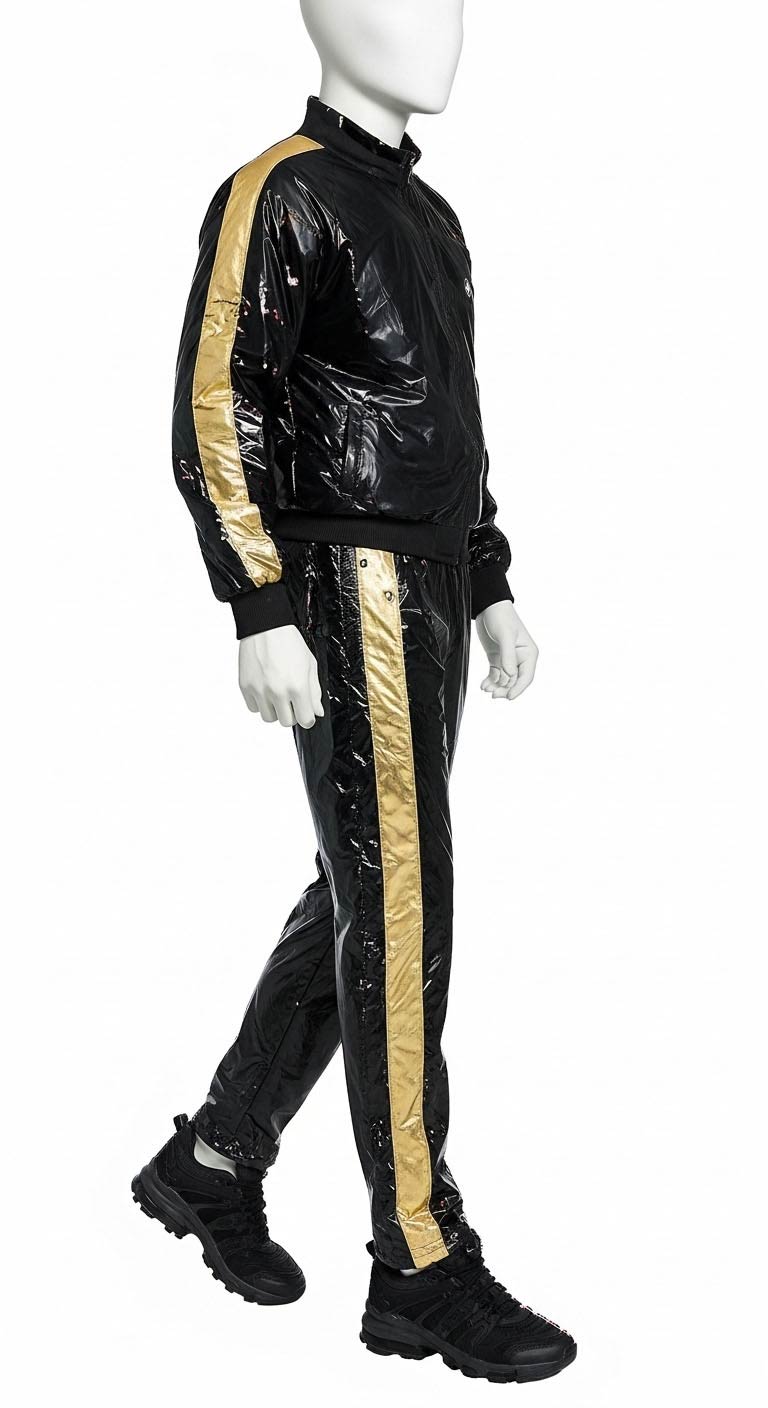 Black & Gold PU Nylon Jogging Suit  Sporty Elegance for Active Lifestyles