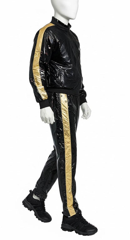 Black & Gold PU Nylon Jogging Suit  Sporty Elegance for Active Lifestyles