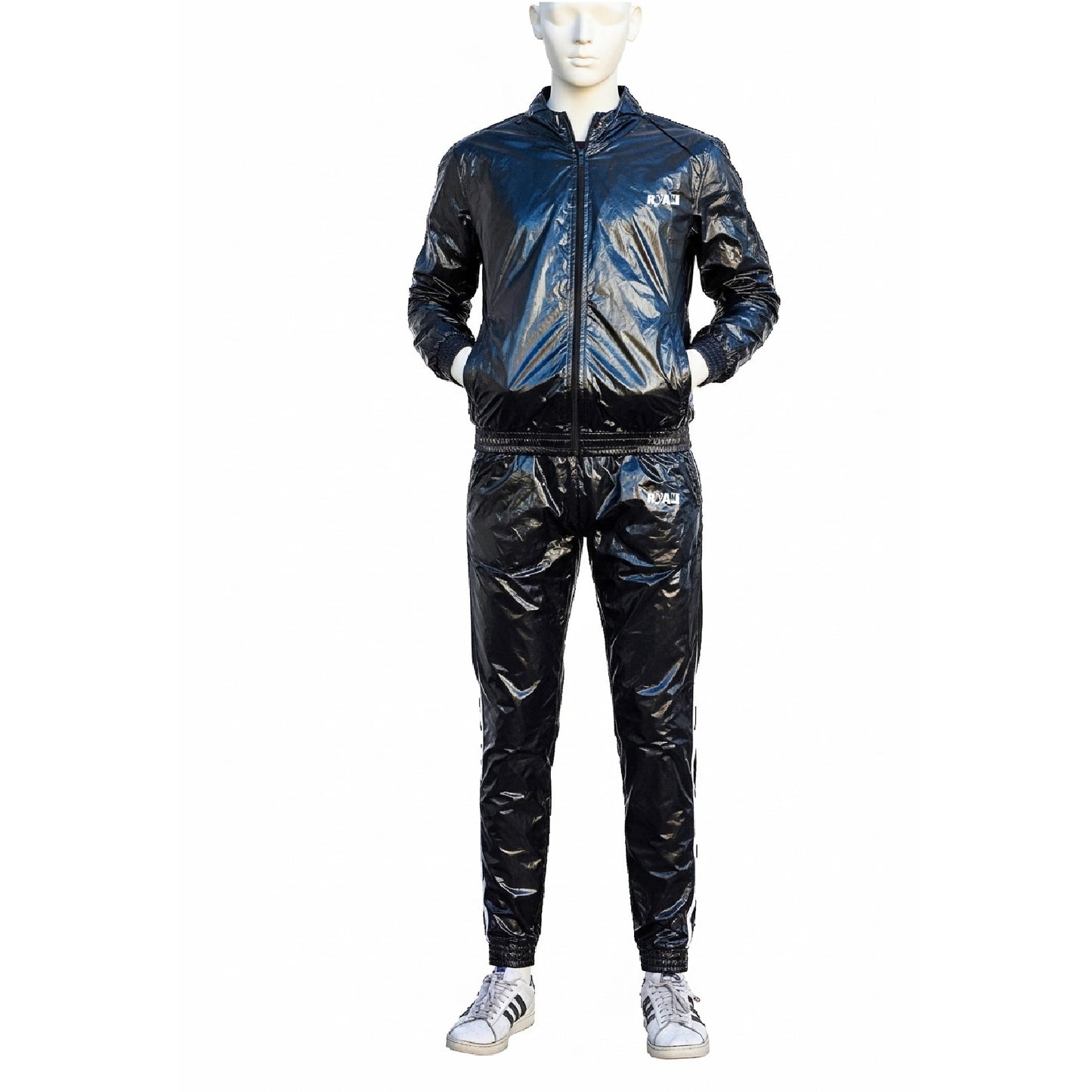 Glossy Black Nylon tracksuit White Stripe Edge