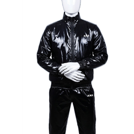 Classic Nylon Tracksuit Jacket Black Crew Neck, Hoodless Design