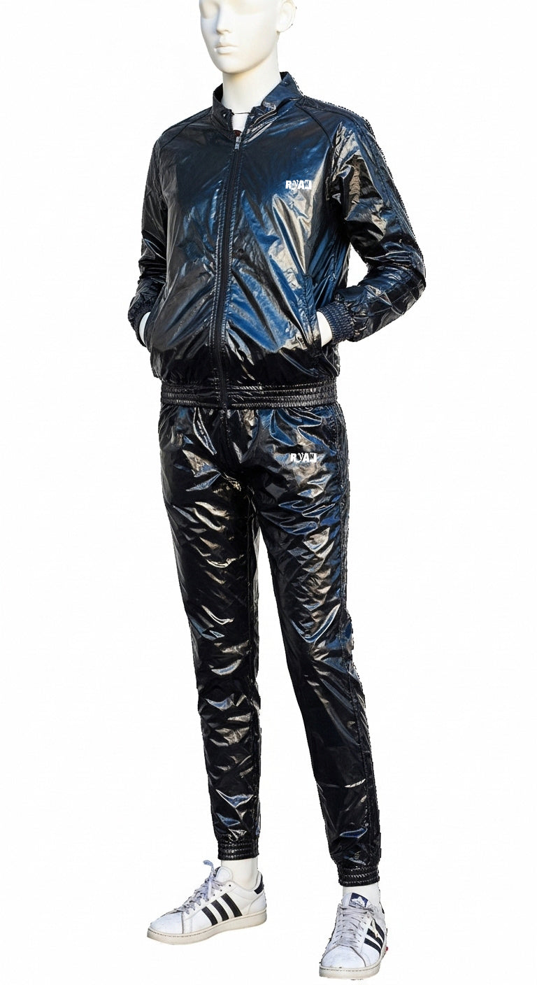 Glossy Black Nylon tracksuit White Stripe Edge