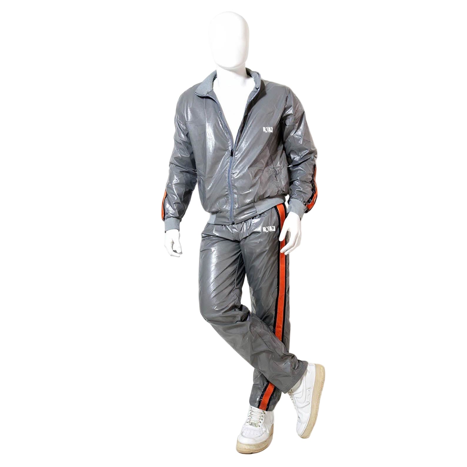 Gray PU Nylon Jogging Suit with Orange Stripes  Unisex Street & Sport Style