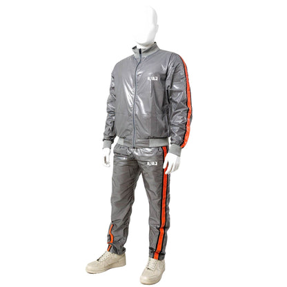 Gray PU Nylon Jogging Suit with Orange Stripes  Unisex Street & Sport Style
