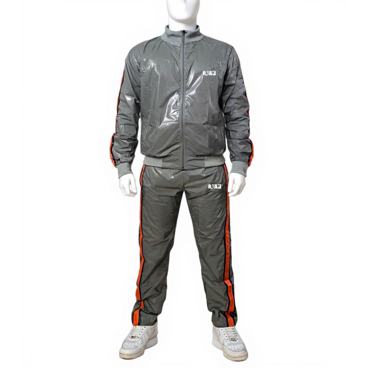 Gray PU Nylon Jogging Suit with Orange Stripes  Unisex Street & Sport Style