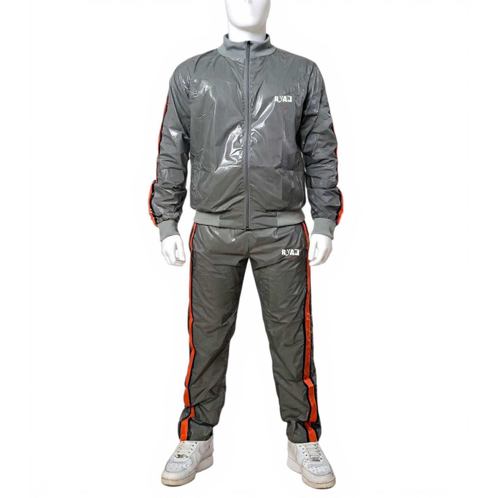 Gray PU Nylon Jogging Suit with Orange Stripes  Unisex Street & Sport Style