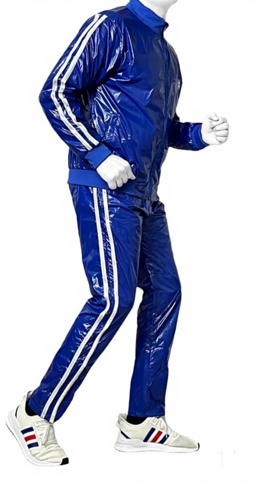 Royal Blue PU Nylon Jogging Suit with White Stripes Unisex Street