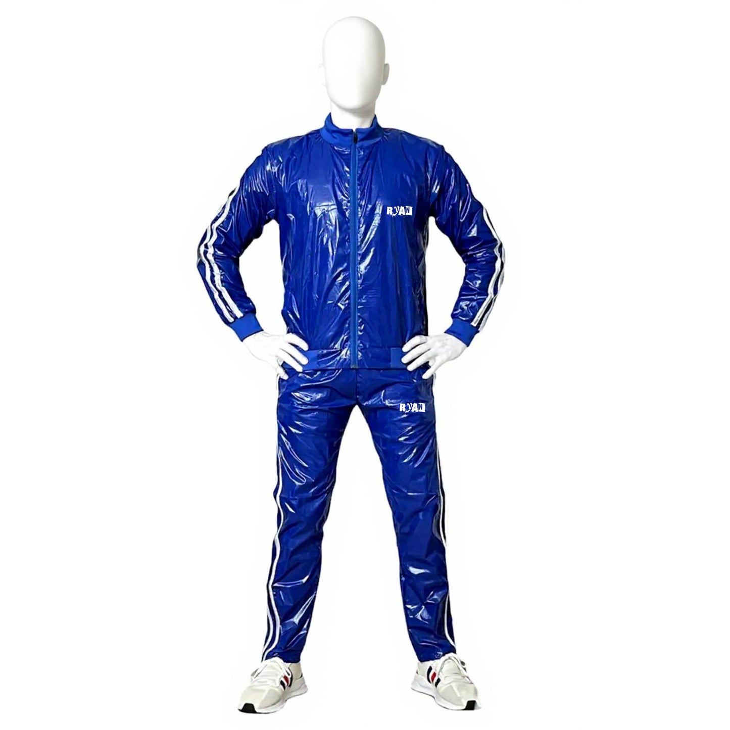 Royal Blue PU Nylon Jogging Suit with White Stripes Unisex Street