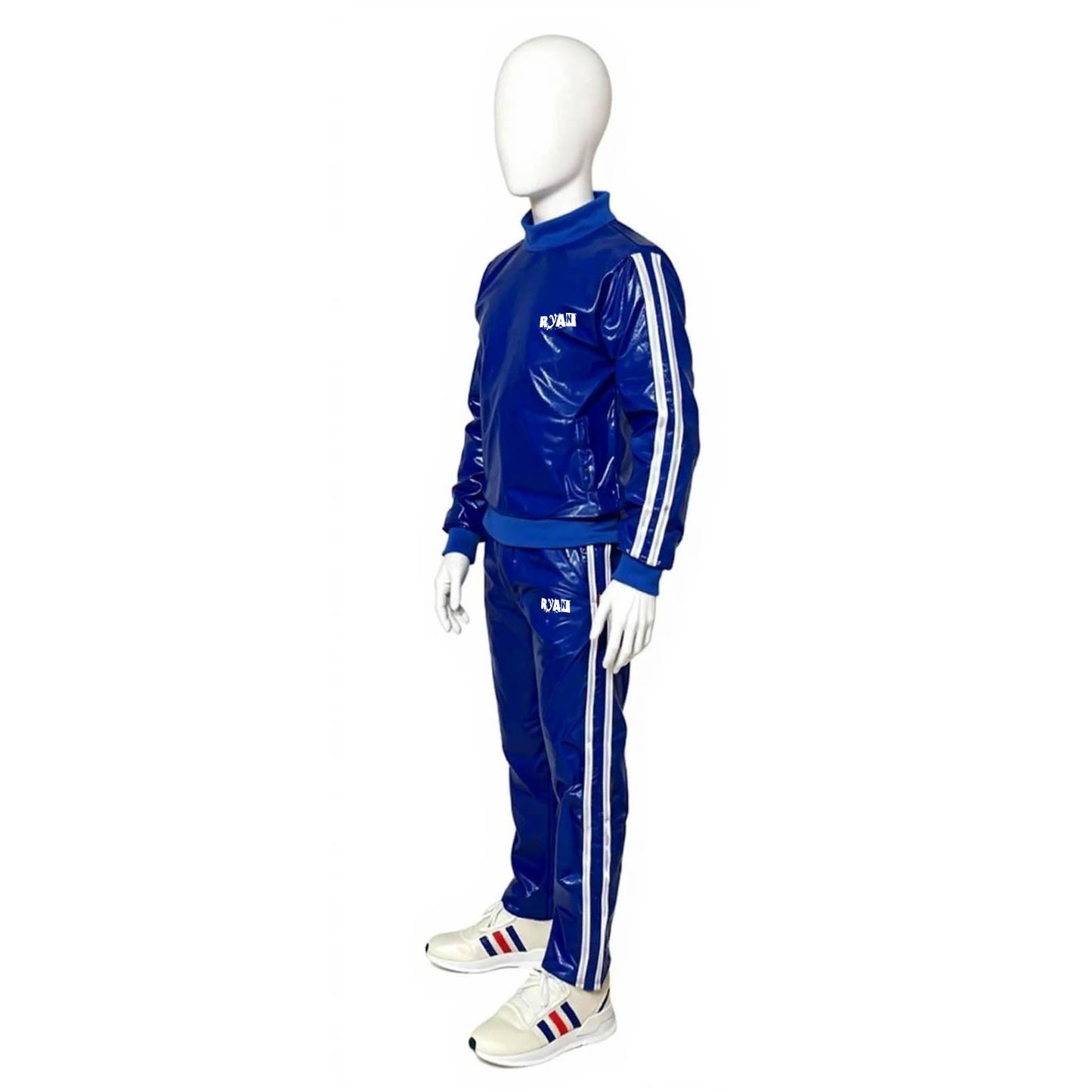 Royal Blue PU Nylon Jogging Suit with White Stripes Unisex Street