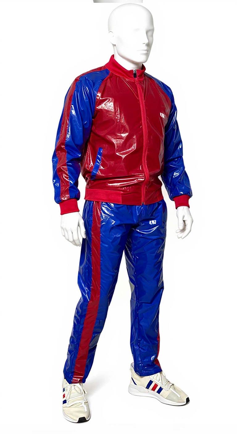 Blue/Red PU Nylon Sport Jogging Suit Lightweight Athletic Tracksuit
