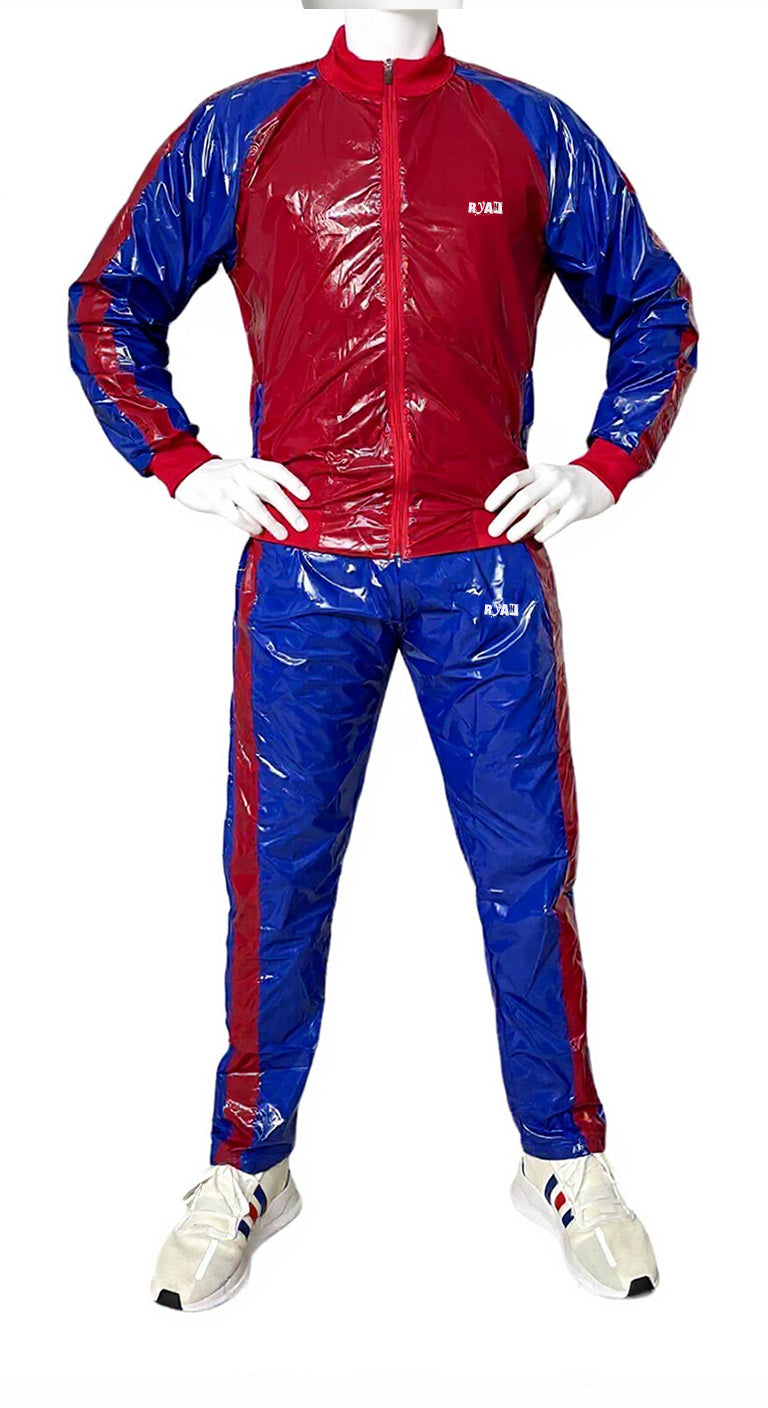 Blue/Red PU Nylon Sport Jogging Suit Lightweight Athletic Tracksuit