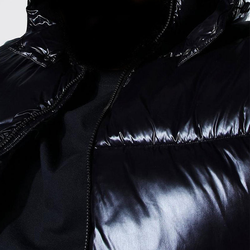 High-Quality OEM Hooded Black Heavy Designer Coat – Shiny Plus-Size Winter Bubble Jacket for Men