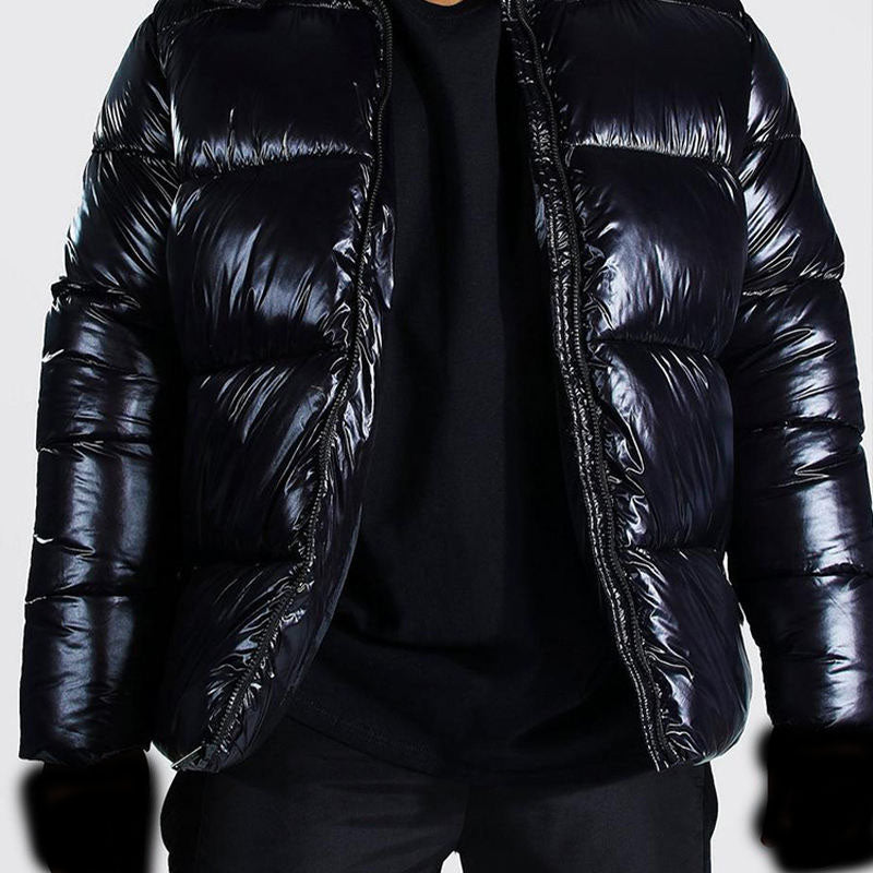 High-Quality OEM Hooded Black Heavy Designer Coat – Shiny Plus-Size Winter Bubble Jacket for Men