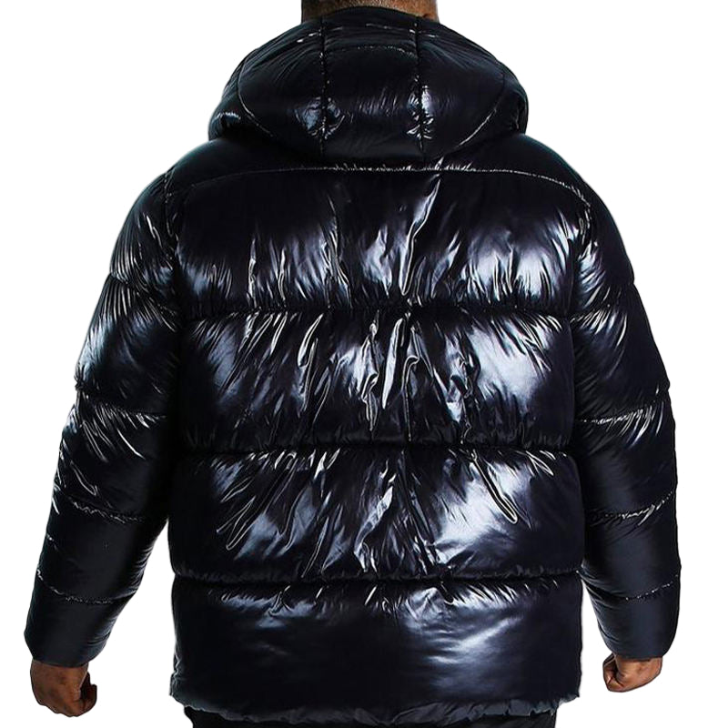High-Quality OEM Hooded Black Heavy Designer Coat – Shiny Plus-Size Winter Bubble Jacket for Men