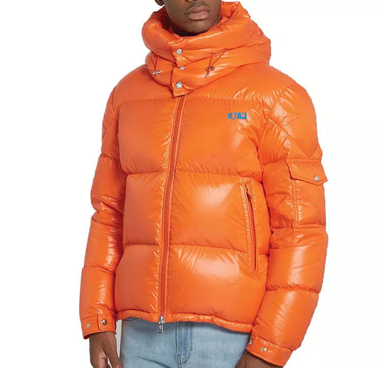 Designer Bright-Color Shiny Puffer Jacket Men’s Winter Bomber with Stand Collar