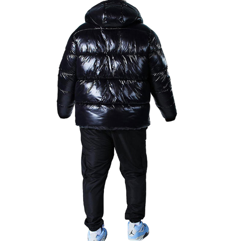 High-Quality OEM Hooded Black Heavy Designer Coat – Shiny Plus-Size Winter Bubble Jacket for Men