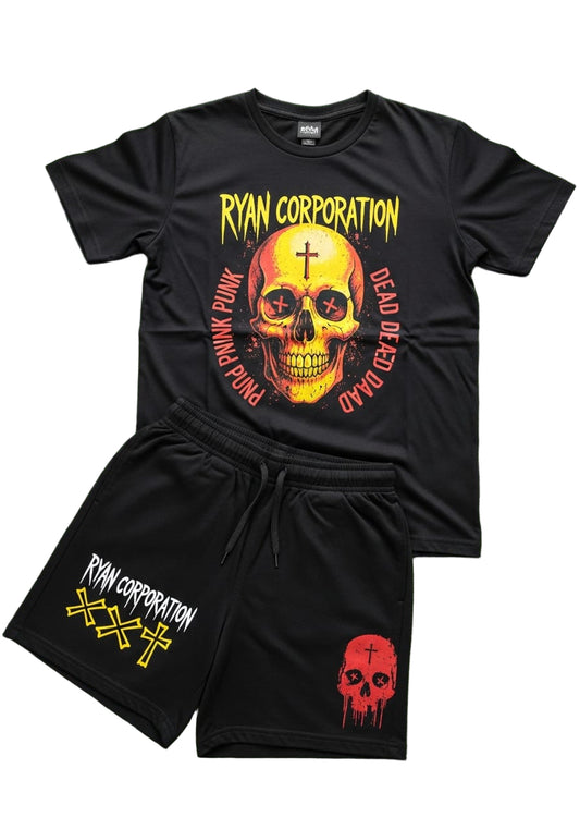 "Punk Skull Black Set Graphic Tee &  Shorts Combo