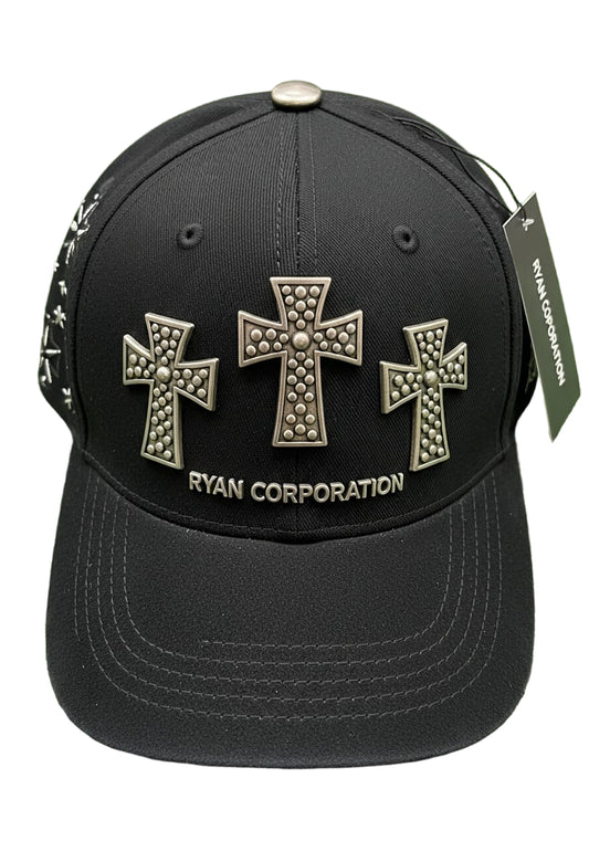Black Baseball Cap with Silver Studded Cross Embellishments